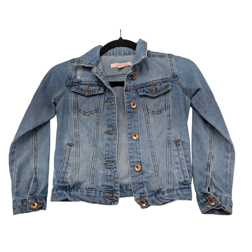 Cisono Kids Girls Medium Wash Distressed Denim Jean Jacket Size 7 KJK1103‎